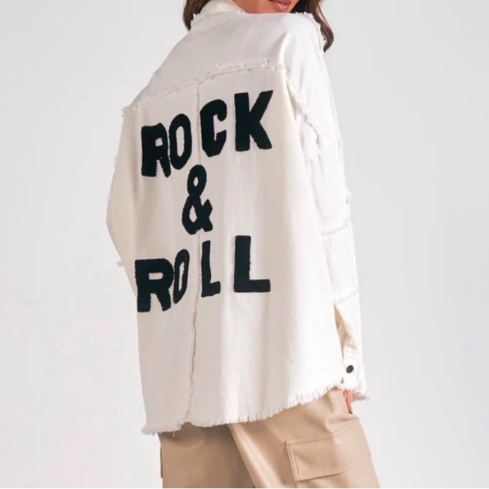 Elan Rock & Roll lettered raw edge shirt jacket / shacket